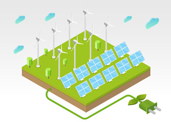 Solar panel and wind turbines on green ground, hill or island. Concept of alternative ecology energy sources. Flat 3d isometric cartoon composition. Abstract minimalistic illustration.