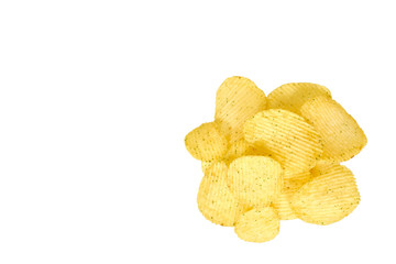 Golden color potato chips, crunchy and wavy.