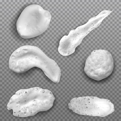 Realistic white smears foam, gel or cream isolated on transparent background. Set of vector objects different forms.