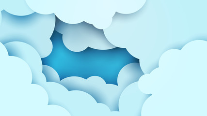 3d vector paper cut white clouds on blue sky. Cartoon art illustration in minimalistic craft carving style. Modern layout colorful concept for background cover, poster, card.