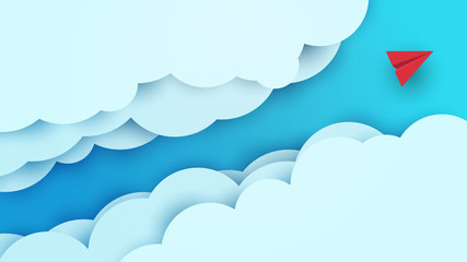 Cartoon paper air plane in sky. Creative minimalistic concept in paper cut 3d style. Colorful modern vector illustration.