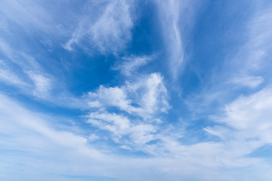 Blue Sky With Close Up White Fluffy Tiny Clouds Background And Pattern