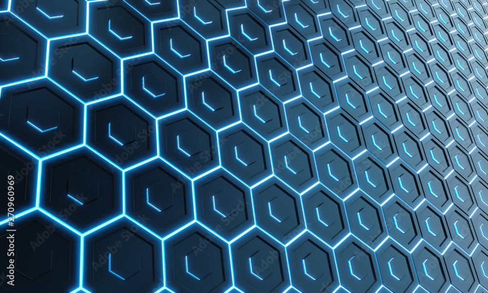 Poster Glowing black and blue hexagons background pattern on silver metal surface 3D rendering