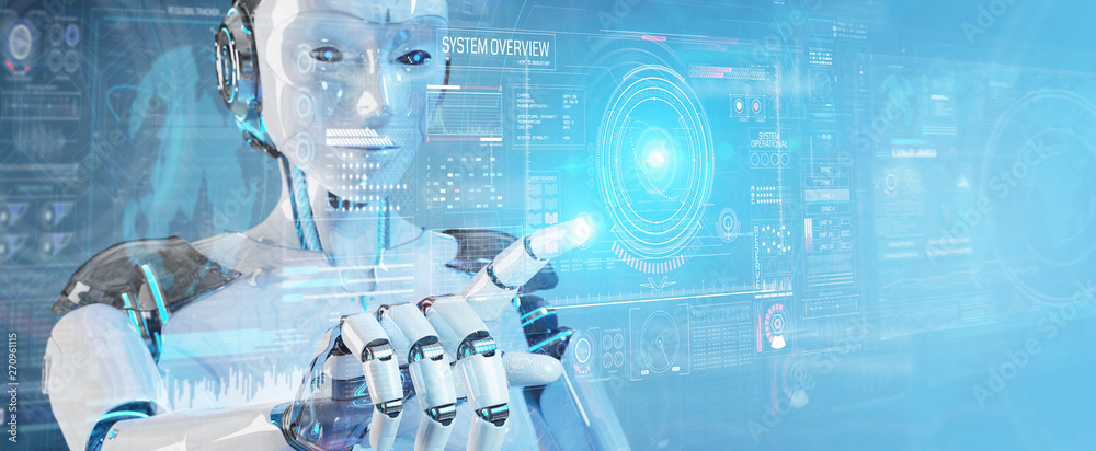 Fototapete white humanoid robot using digital technological interface with datas 3d rendering