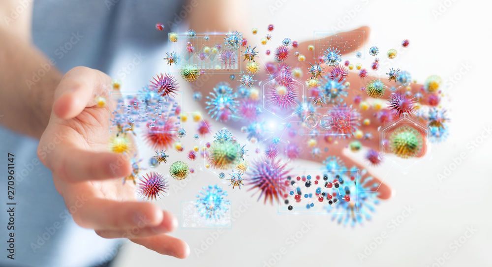 Poster businessman analyzing bacteria microscopic close-up 3d rendering