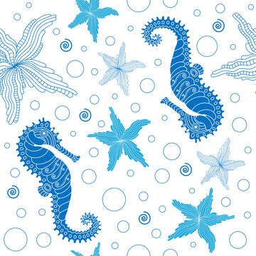 seamless background with images of seahorse and sea star. blue line drawing on white background