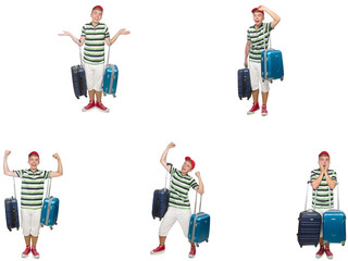 Young man with suitcase isolated on white 