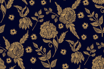 Floral seamless background pattern with mix wild flowers and leaves Line art. Embroidery flowers. Vector illustration.   Textile design ,