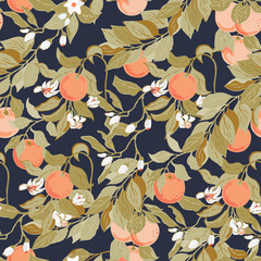 Orange fruits and trees seamless pattern on dark background - Illustration, vector
