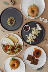 meals variety in restaurant flat lay. Top view on buffet table with different tasty snacks. Menu, banquet, party, appetizer concept