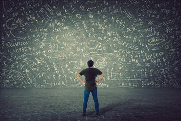 Rear view of puzzled student, hands on hips, stands in front of a huge blackboard try to solve hard...