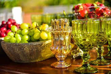 table with grapes and glasses, chinese new year, new year, banquet, year-end party, new year party, table set