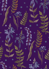 Fototapeta na wymiar Floral seamless background pattern with mix wild flowers and leaves Line art. Embroidery flowers. Vector illustration.