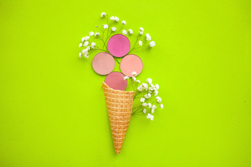 The concept of beauty and fashion. round pink blush with gypsophila in a cone for ice cream on a green background