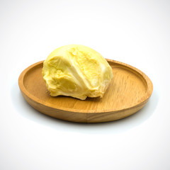 durian fruit In a wooden tray on the White Blackground