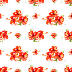 Seamless pattern from red hibiscus flowers. Watercolor painting. Exotic plant. Floral print. Sketch and blurry drawing. Botanical composition. Flower painted background. Hand drawn illustration.