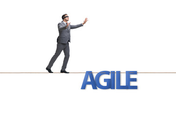 Agile transformation concept with businessman walking on tight r
