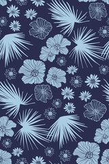 Floral design seamless background pattern . Palm leaves, hibiscus flowers. Vector illustration hand drawn.