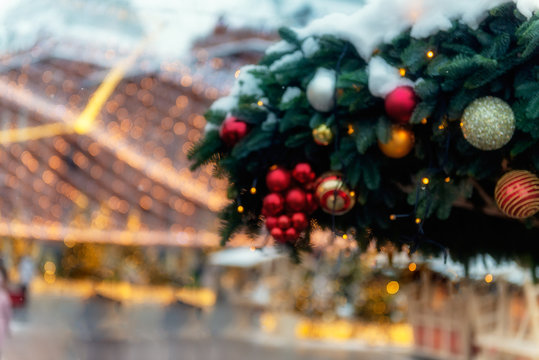 Christmas and New Year time in Moscow, beautiful Red Square with amazing Xmas decorations. Out of focus image