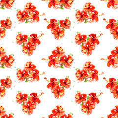 Seamless pattern from red hibiscus flowers. Watercolor painting. Exotic plant. Floral print. Sketch and blurry drawing. Botanical composition. Flower painted background. Hand drawn illustration.