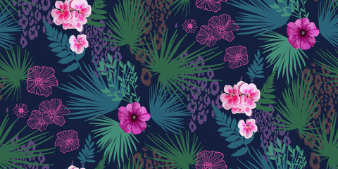 Floral design seamless background pattern . Palm leaves, mix flowers. Vector illustration hand drawn.