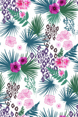 Floral design seamless background pattern . Palm leaves, mix flowers. Vector illustration hand drawn. © Elena