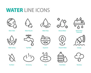 set of water icons ,such as  water drop, treatment, sewage, recycle, fresh, save