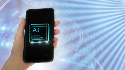 Female hand holds the phone, on the screen the inscription: artificial intelligence. icon hologram 3D on server room background.