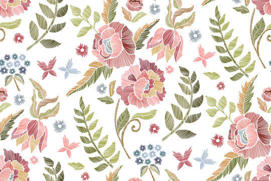Floral seamless background pattern with mix wild flowers and leaves Line art. Embroidery flowers. Vector illustration.