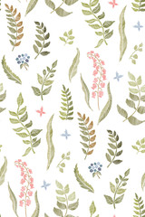 Floral seamless background pattern with mix wild flowers and leaves Line art. Embroidery flowers. Vector illustration.