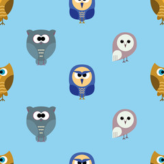 Seamless pattern with owls in flat style.
