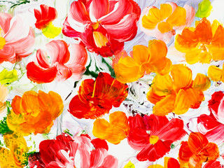Abstract flowers, close-up fragment of acrylic painting on canvas. Creative abstract hand painted background