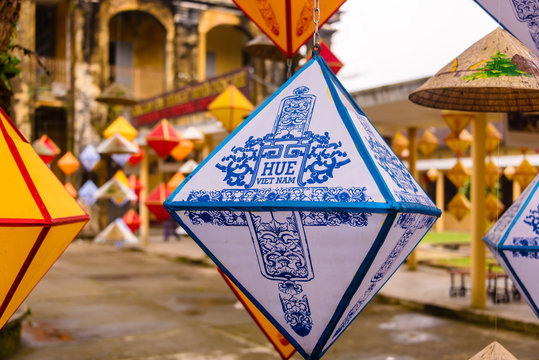 Paper lanterns to celebrate Chinese New Year hanging in  Ho&agrave;ng th&agrave;nh (Imperial City) a walled citadel built in 1804 in Hue, Vietnam.