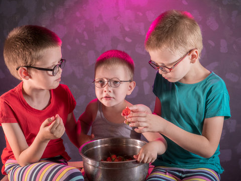 Funny little baby boys blond eating ripe strawberries from large pot. Kids helped to harvest with mom in garden and now enjoys. Children eat healthy organic foods, fresh berries