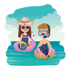 little kids couple with snorkel and balloon on the sea