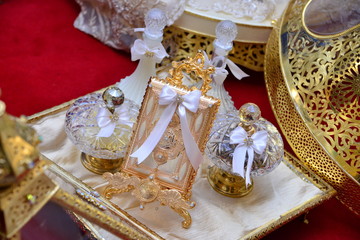 Moroccan Tyafer, traditional gift containers for the wedding ceremony, decorated with ornate golden embroidery.Moroccan henna .Moroccan wedding gifts for the bride