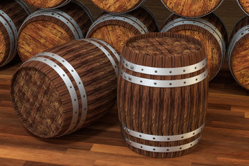 Wooden winery barrel with warm color background, 3d rendering
