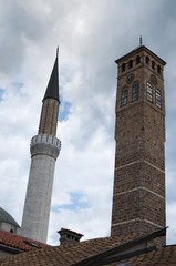 Sarajevo, Bosnia: Sarajevska Sahat Kula, the Clock Tower built by Gazi Husrev-beg, governor in the Ottoman period, and the minaret of Gazi Husrev-beg Mosque (1532) in the Bascarsija neighborhood