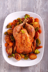 Roast chicken with potatoes and broccoli