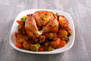 Roast chicken with potatoes and broccoli