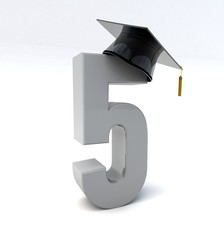 3D illustration of number 5 wearing a graduation hat