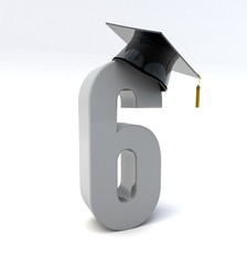 3D illustration of number 6 wearing a graduation hat