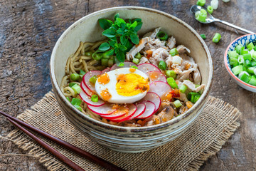 Ramen noodles with chicken, egg, mushrooms and radish sprinkeld with chili sauce and sesame seeds - high angle view