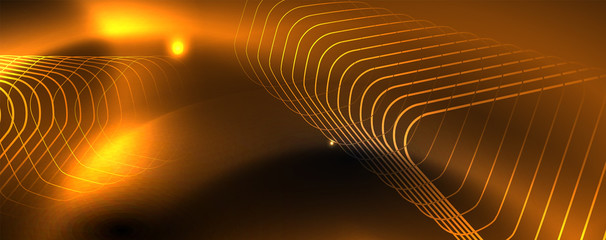 Fototapeta premium Shiny neon techno template. Neon lines background, 80s style laser rays