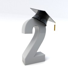 3D illustration of number 2 wearing a graduation hat