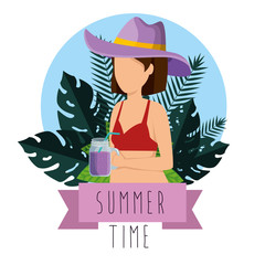 woman wearing swimsuit with hat and smoothie beverage