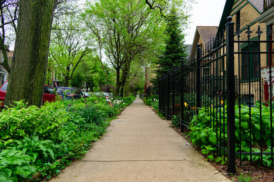 Sidewalk next to a Row of Old Fenced in Homes in Logan Square Chicago