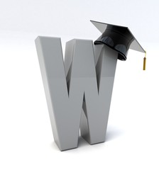 3D illustration of letter W wearing a graduation hat