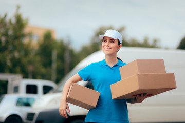 Female Delivery Worker Holding Cardboard Box Package