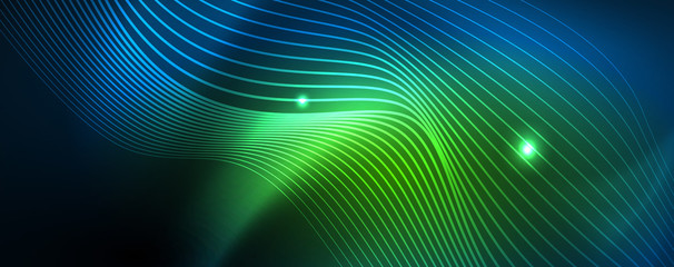 Smooth wave lines on blue neon color light background. Glowing abstract wave on dark, shiny motion, magic space light